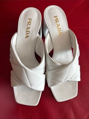 Prada White Quilted criss cross Leather Slide sandals